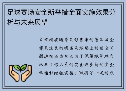 足球赛场安全新举措全面实施效果分析与未来展望
